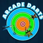 Një tabelë me ngjyra për darts me tre shigjeta të ngulura dhe tekstin Arcade Darts në krye