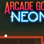 Teksti Arcade Golf Neon me neon ngjyra, mbi një sfond të errët me një vijë të ndritshme dhe një top golfi në pjesën e poshtme