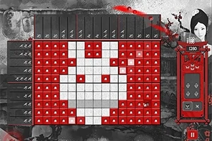 Një rrjetë e mbushur me katrorë të kuq dhe të bardhë që formon një figurë të bardhë në sfond të kuq, me një panel anësor që përmban një numër dhe një ilustrim personi në cepin e sipërm të djathtë