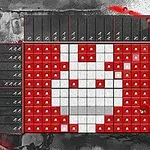 Një rrjetë e mbushur me katrorë të kuq dhe të bardhë që formon një figurë të bardhë në sfond të kuq, me një panel anësor që përmban një numër dhe një ilustrim personi në cepin e sipërm të djathtë