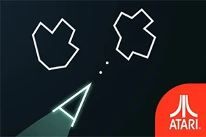 Një imazh me grafikë të thjeshtë që tregon një anije trekëndëshe, dy asteroide me vija të bardha në sfond të errët dhe logon e Atari-t në këndin e poshtëm djathtas
