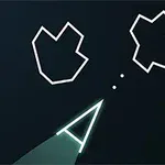Një imazh me grafikë të thjeshtë që tregon një anije trekëndëshe, dy asteroide me vija të bardha në sfond të errët dhe logon e Atari-t në këndin e poshtëm djathtas
