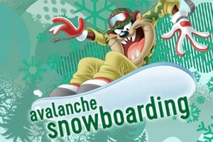 Karakter i animuar duke bërë snowboard me veshje dimërore dhe syze, në sfond të gjelbër me dekorime bore