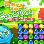 Një krijesë e kaltër vizatimore me një shikim të lumtur pranë një tabloje me forma shumëngjyrëshe, në sfond pamje pylli dhe tekst me fjalët Back to Candyland 4