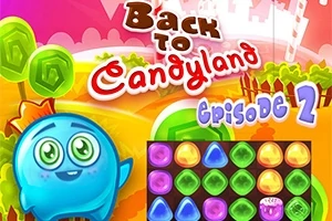Një personazh i kaltër i buzëqeshur dhe një tabelë me karamele të ngjyrosura në sfond vibrant me pemë stilizuar dhe titullin Back to Candyland Episode 2