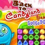 Një personazh i kaltër i buzëqeshur dhe një tabelë me karamele të ngjyrosura në sfond vibrant me pemë stilizuar dhe titullin Back to Candyland Episode 2