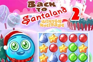 Topi blu i buzëqeshur, elemente festive shumëngjyrëshe dhe peizazh dimëror me tekst Back to Santaland 2