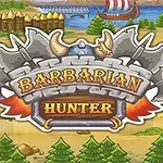 Logo me baltë, sëpata, mburojë dhe tekstin Barbarian Hunter në një peizazh pyjor pranë lumi me një varkë vikingë