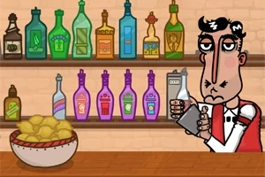Bari prapa një banaku me një barist që tundë një shaker për koktejle, me shishe alkooli dhe një tas me limonë në sfond