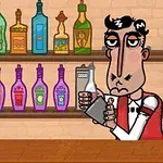 Bari prapa një banaku me një barist që tundë një shaker për koktejle, me shishe alkooli dhe një tas me limonë në sfond