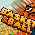 Top me një top basketbolli të vizatuar me fytyrë të zemëruar dhe mbishkrimin Basket & Ball në sfondin e një fushe basketbolli