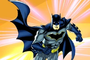 Një superheronj me një kostum të zi dhe të hirtë, duke pozuar fuqishëm përballë një sfondi të ndritshëm portokalli