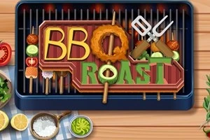 Grilë me shishqebap të ndryshëm dhe shtiza gatimi me tekstin BBQ ROAST