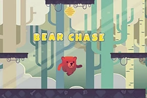 Ariu i kuq po vrapon në një sfond pyjor, me një fole mjalti sipër dhe tekst BEAR CHASE në mes