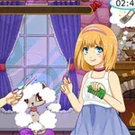 Dy vajza anime me gërshërë në duar po stilojnë leshin e një qeni të vogël të bardhë në një dhomë me perde vjollce