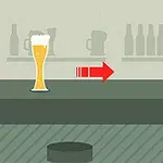 Gotë birre e gjatë me shkumë pranë një shigjete të kuqe që tregon djathtas dhe një shenjë që tregon distancën 300m, në sfond shihen hije të shisheve dhe gotave