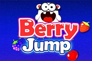 Tekst me ngjyra të ndritshme Berry Jump në sfond blu me fruta të vogla rreth tij dhe një figurë kafshuese sipër