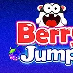 Tekst me ngjyra të ndritshme Berry Jump në sfond blu me fruta të vogla rreth tij dhe një figurë kafshuese sipër