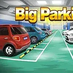Makina të parkuara në një parking të madh me tekstin Big Parking sipër