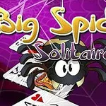 Një merimangë kartoni e zezë me sy të mëdhenj dhe kartat letrash në sfond të purpurt me rrjeta merimange dhe tekste Big Spider Solitaire
