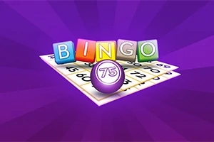 Letra shumëngjyrëshe që formojnë fjalën BINGO dhe një sferë me numrin 75 mbi një kartelë me numra në sfond të purpurt