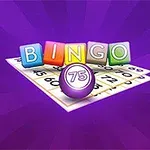 Letra shumëngjyrëshe që formojnë fjalën BINGO dhe një sferë me numrin 75 mbi një kartelë me numra në sfond të purpurt