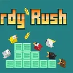 Një grup zogjsh me ngjyra të ndryshme dhe kuti druri mbi një sfond blu me titullin Birdy Rush në krye