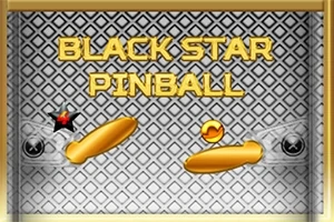 Tekst Black Star Pinball paraqitur mbi një sfond me model gjeometrik, me dy butona të artë dhe një topth të verdhë në qendër
