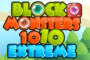 Teksti me ngjyra të ndezura Block Monsters 1010 Extreme mbi një sfond me pemë dhe male
