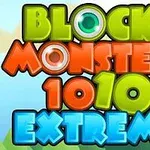 Teksti me ngjyra të ndezura Block Monsters 1010 Extreme mbi një sfond me pemë dhe male