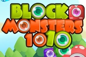 Teksti shumëngjyrësh Block Monsters 1010 me sfond të gjelbër dhe figura stilizuar
