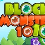 Teksti shumëngjyrësh Block Monsters 1010 me sfond të gjelbër dhe figura stilizuar