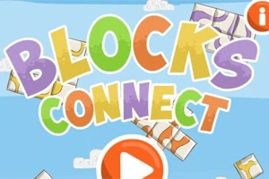 Tekst i madh dhe i gjallëngjyrshëm Blocks Connect mbi një sfond blu me re dhe figura drejtkëndëshe