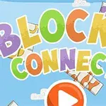 Tekst i madh dhe i gjallëngjyrshëm Blocks Connect mbi një sfond blu me re dhe figura drejtkëndëshe