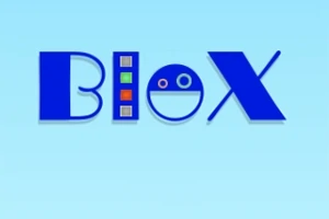 Logoja e fjalës Blox me dizajn grafik dhe ngjyra të ndryshme në sfond të kaltër