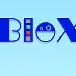 Logoja e fjalës Blox me dizajn grafik dhe ngjyra të ndryshme në sfond të kaltër