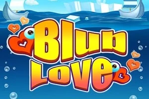 Teksti Blub Love me shkronja të verdha mbi sfondin blu me elemente uji dhe zemra