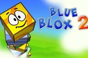 Bllok me fytyrë të qeshur mbi një pirg bllokësh me tekstin Blue Blox 2 në sfond të ndritshëm