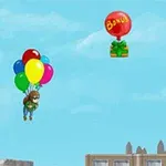 Një person fluturon me disa balona shumëngjyrëshe mbi një qytet, ndërsa mbi të janë balona të kuqe të mëdha me mbishkrimin BANANAS