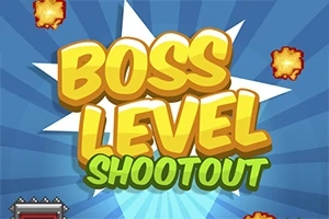 Teksti i madh dhe i verdhë Boss Level Shootout me sfond blu dhe shpërthime të vogla stilizuara