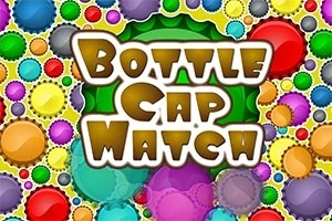 Kapakë shishesh shumëngjyrëshe të vendosura në një sfond me tekst Bottle Cap Match në qendër