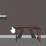Një dhomë me mure gri, një tavolinë drejtëkëndore e zezë me detaje të kuqe, një karrige gaming të zezë me të kuqe dhe një raft në mur me një shishe ujë