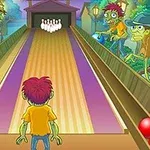 Një njeri në formë vizatimi qëndron përballë një piste bowling me pinat në fund, rrethuar nga figura që duken si zombitë që mbajnë topa bowling