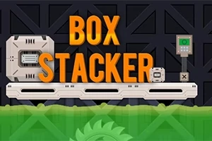 Një sfond industrial me një platformë dhe tekst të madh portokalli që thotë Box Stacker, me dekore teknike dhe një sharrë në pjesën e poshtme