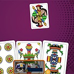 Katër letra me dizajne tradicionale janë shfaqur mbi një sfond vjollcë me modele të rrumbullakëta