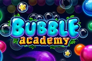 Teksti Bubble Academy me shkronja të mëdha, të ndritshme, me flluska dhe yje në sfond