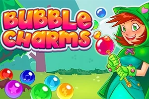 Personazh me flokë të kuqe dhe kapuç jeshil në krah të majtë, duke mbajtur një top me ngjyra, me pone me ngjyra të ndryshme dhe titullin Bubble Charms në krye