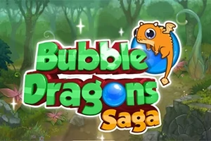 Teksti Bubble Dragons Saga me një dragua karikaturë portokalli mbi një sfond pyjor