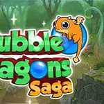 Teksti Bubble Dragons Saga me një dragua karikaturë portokalli mbi një sfond pyjor