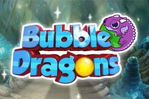 Logo i një dragoi të vogël vjollcë mbi tekstin Bubble Dragons me sfond fantastik ujëmbledhës